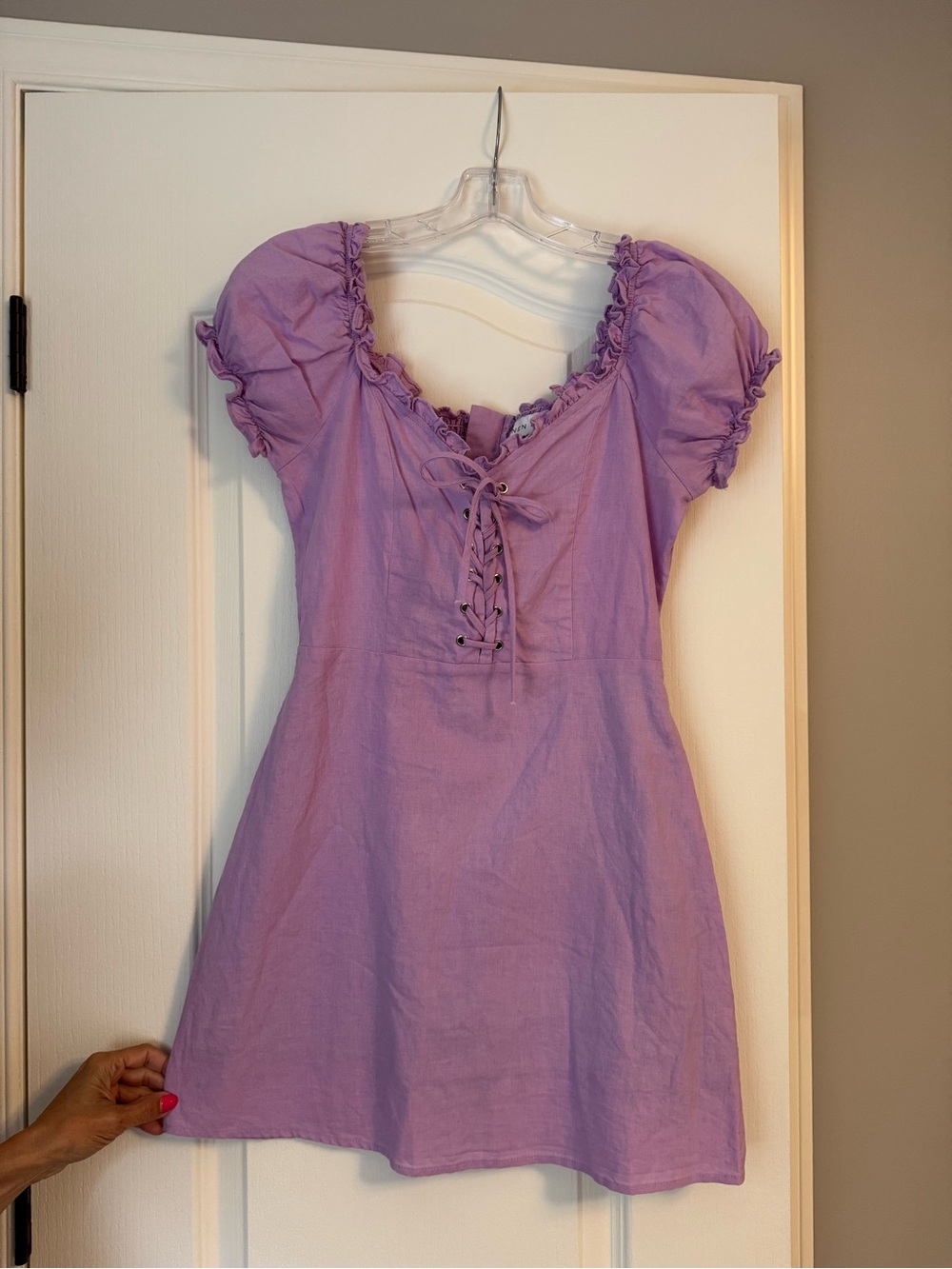 Lavender Lace-Up Puff Sleeve Mini Dress